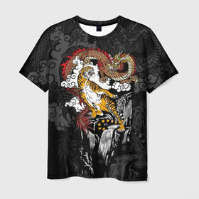 Мужская футболка 3D с принтом Тигр и дракон в Новосибирске, 100% полиэфир | прямой крой, круглый вырез горловины, длина до линии бедер | animals | clouds | country | dragon | east | fangs | japanese | mythical | nature | predator | rising | sun | tiger | восток | восходящего | дракон | животные | клыки | мифический | облака | природа | солнца | страна | тигр | хищник | японский