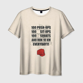Мужская футболка 3D с принтом One-Punch Man в Новосибирске, 100% полиэфир | прямой крой, круглый вырез горловины, длина до линии бедер | one | one punch man | бесправный ездок | бласт | бэнг | ванпанчмен | генос | демон киборг | лысый плащ | ниндзя | сайтама | сверхзвуковой соник | серебряный клык | тацумаки | человек один удар