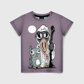 Детская футболка 3D с принтом Ворона и сова в Новосибирске, 100% гипоаллергенный полиэфир | прямой крой, круглый вырез горловины, длина до линии бедер, чуть спущенное плечо, ткань немного тянется | Тематика изображения на принте: birds | cool | crow | eyes | funny | moon | owl | pajamas | staff | stars | wisdom | ворона | глаза | звезды | луна | мудрость | пижама | посох | прикольно | птицы | смешно | сова
