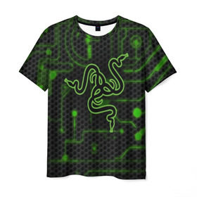 Мужская футболка 3D с принтом RAZER CARBON в Новосибирске, 100% полиэфир | прямой крой, круглый вырез горловины, длина до линии бедер | game | razer | texture | зеленый | игровое лого | игромания | игры | рэйзер | текстуры