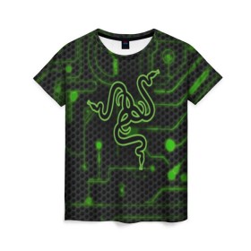Женская футболка 3D с принтом RAZER CARBON в Новосибирске, 100% полиэфир ( синтетическое хлопкоподобное полотно) | прямой крой, круглый вырез горловины, длина до линии бедер | game | razer | texture | зеленый | игровое лого | игромания | игры | рэйзер | текстуры