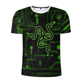 Мужская футболка 3D спортивная с принтом RAZER CARBON в Новосибирске, 100% полиэстер с улучшенными характеристиками | приталенный силуэт, круглая горловина, широкие плечи, сужается к линии бедра | game | razer | texture | зеленый | игровое лого | игромания | игры | рэйзер | текстуры