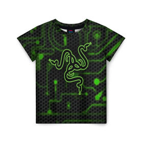 Детская футболка 3D с принтом RAZER CARBON в Новосибирске, 100% гипоаллергенный полиэфир | прямой крой, круглый вырез горловины, длина до линии бедер, чуть спущенное плечо, ткань немного тянется | game | razer | texture | зеленый | игровое лого | игромания | игры | рэйзер | текстуры