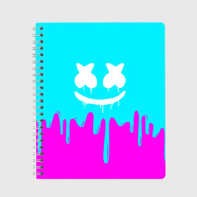 Тетрадь с принтом MARSHMELLO в Новосибирске, 100% бумага | 48 листов, плотность листов — 60 г/м2, плотность картонной обложки — 250 г/м2. Листы скреплены сбоку удобной пружинной спиралью. Уголки страниц и обложки скругленные. Цвет линий — светло-серый
 | Тематика изображения на принте: colors | dj | marshmello | paints | usa | америка | брызги | клубная музыка | краска | маршмелло | музыка | музыкант