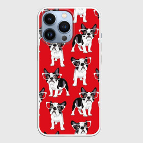 Чехол для iPhone 13 Pro с принтом Французские бульдоги в Новосибирске,  |  | animals | background | breed | bulldogs | dogs | french | illustration | painting | puppies | red | бульдоги | живопись | животные | иллюстрация | красный | очки | порода | собаки | фон | французские | щенки