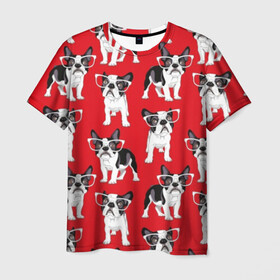 Мужская футболка 3D с принтом Французские бульдоги в Новосибирске, 100% полиэфир | прямой крой, круглый вырез горловины, длина до линии бедер | animals | background | breed | bulldogs | dogs | french | illustration | painting | puppies | red | бульдоги | живопись | животные | иллюстрация | красный | очки | порода | собаки | фон | французские | щенки
