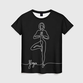 Женская футболка 3D с принтом Йога в Новосибирске, 100% полиэфир ( синтетическое хлопкоподобное полотно) | прямой крой, круглый вырез горловины, длина до линии бедер | black and white | culture | girl | graphics | indian | line | meditation | pose | yoga | графика | девушка | индийская | йога | культура | линия | медитация | черно белая