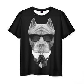 Мужская футболка 3D с принтом Питбуль в Новосибирске, 100% полиэфир | прямой крой, круглый вырез горловины, длина до линии бедер | animals | black | black and white | cool | dog | fight | gentleman | head | illustration | pitbull | swag | white | авторитет | белая | бойцовый | галстук бабочка | голова | джентльмен | животные | иллюстрация | костюм | крутой | очки | 
