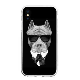 Чехол для iPhone XS Max матовый с принтом Питбуль в Новосибирске, Силикон | Область печати: задняя сторона чехла, без боковых панелей | animals | black | black and white | cool | dog | fight | gentleman | head | illustration | pitbull | swag | white | авторитет | белая | бойцовый | галстук бабочка | голова | джентльмен | животные | иллюстрация | костюм | крутой | очки | 
