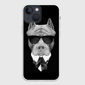 Чехол для iPhone 13 mini с принтом Питбуль в Новосибирске,  |  | animals | black | black and white | cool | dog | fight | gentleman | head | illustration | pitbull | swag | white | авторитет | белая | бойцовый | галстук бабочка | голова | джентльмен | животные | иллюстрация | костюм | крутой | очки | 