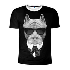 Мужская футболка 3D спортивная с принтом Питбуль в Новосибирске, 100% полиэстер с улучшенными характеристиками | приталенный силуэт, круглая горловина, широкие плечи, сужается к линии бедра | animals | black | black and white | cool | dog | fight | gentleman | head | illustration | pitbull | swag | white | авторитет | белая | бойцовый | галстук бабочка | голова | джентльмен | животные | иллюстрация | костюм | крутой | очки | 