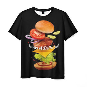 Мужская футболка 3D с принтом Гамбургер в Новосибирске, 100% полиэфир | прямой крой, круглый вырез горловины, длина до линии бедер | bun | cheese | cucumber | explosion | hamburger | ingredients | inscription | ketchup | meat | onion | salad | sesame | share | tomato | tomatoes | булочка | взрыв | гамбургер | доля | ингредиенты | кетчуп | кунжут | лук | мясо | надпись | огурец | помидо