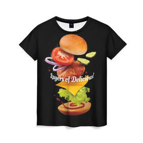 Женская футболка 3D с принтом Гамбургер в Новосибирске, 100% полиэфир ( синтетическое хлопкоподобное полотно) | прямой крой, круглый вырез горловины, длина до линии бедер | bun | cheese | cucumber | explosion | hamburger | ingredients | inscription | ketchup | meat | onion | salad | sesame | share | tomato | tomatoes | булочка | взрыв | гамбургер | доля | ингредиенты | кетчуп | кунжут | лук | мясо | надпись | огурец | помидо
