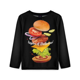 Детский лонгслив 3D с принтом Гамбургер в Новосибирске, 100% полиэстер | длинные рукава, круглый вырез горловины, полуприлегающий силуэт
 | bun | cheese | cucumber | explosion | hamburger | ingredients | inscription | ketchup | meat | onion | salad | sesame | share | tomato | tomatoes | булочка | взрыв | гамбургер | доля | ингредиенты | кетчуп | кунжут | лук | мясо | надпись | огурец | помидо