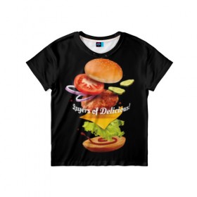 Детская футболка 3D с принтом Гамбургер в Новосибирске, 100% гипоаллергенный полиэфир | прямой крой, круглый вырез горловины, длина до линии бедер, чуть спущенное плечо, ткань немного тянется | bun | cheese | cucumber | explosion | hamburger | ingredients | inscription | ketchup | meat | onion | salad | sesame | share | tomato | tomatoes | булочка | взрыв | гамбургер | доля | ингредиенты | кетчуп | кунжут | лук | мясо | надпись | огурец | помидо