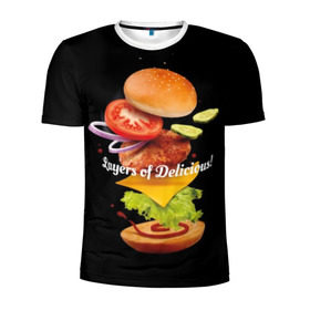 Мужская футболка 3D спортивная с принтом Гамбургер в Новосибирске, 100% полиэстер с улучшенными характеристиками | приталенный силуэт, круглая горловина, широкие плечи, сужается к линии бедра | bun | cheese | cucumber | explosion | hamburger | ingredients | inscription | ketchup | meat | onion | salad | sesame | share | tomato | tomatoes | булочка | взрыв | гамбургер | доля | ингредиенты | кетчуп | кунжут | лук | мясо | надпись | огурец | помидо