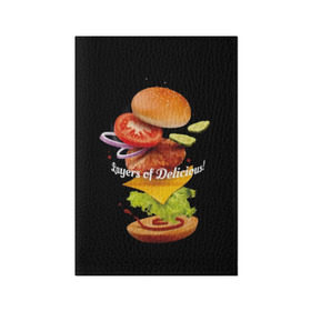 Обложка для паспорта матовая кожа с принтом Гамбургер в Новосибирске, натуральная матовая кожа | размер 19,3 х 13,7 см; прозрачные пластиковые крепления | bun | cheese | cucumber | explosion | hamburger | ingredients | inscription | ketchup | meat | onion | salad | sesame | share | tomato | tomatoes | булочка | взрыв | гамбургер | доля | ингредиенты | кетчуп | кунжут | лук | мясо | надпись | огурец | помидо