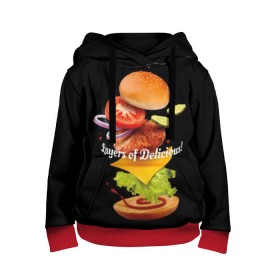 Детская толстовка 3D с принтом Гамбургер в Новосибирске, 100% полиэстер | двухслойный капюшон со шнурком для регулировки, мягкие манжеты на рукавах и по низу толстовки, спереди карман-кенгуру с мягким внутренним слоем | bun | cheese | cucumber | explosion | hamburger | ingredients | inscription | ketchup | meat | onion | salad | sesame | share | tomato | tomatoes | булочка | взрыв | гамбургер | доля | ингредиенты | кетчуп | кунжут | лук | мясо | надпись | огурец | помидо