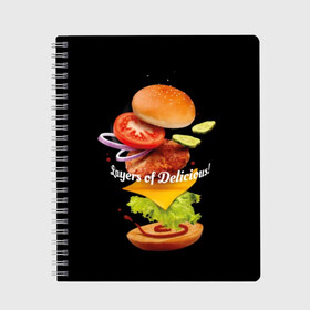 Тетрадь с принтом Гамбургер в Новосибирске, 100% бумага | 48 листов, плотность листов — 60 г/м2, плотность картонной обложки — 250 г/м2. Листы скреплены сбоку удобной пружинной спиралью. Уголки страниц и обложки скругленные. Цвет линий — светло-серый
 | bun | cheese | cucumber | explosion | hamburger | ingredients | inscription | ketchup | meat | onion | salad | sesame | share | tomato | tomatoes | булочка | взрыв | гамбургер | доля | ингредиенты | кетчуп | кунжут | лук | мясо | надпись | огурец | помидо