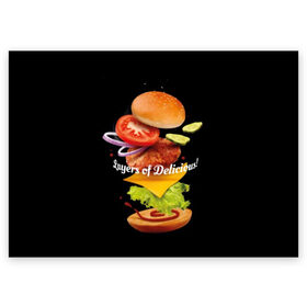 Поздравительная открытка с принтом Гамбургер в Новосибирске, 100% бумага | плотность бумаги 280 г/м2, матовая, на обратной стороне линовка и место для марки
 | Тематика изображения на принте: bun | cheese | cucumber | explosion | hamburger | ingredients | inscription | ketchup | meat | onion | salad | sesame | share | tomato | tomatoes | булочка | взрыв | гамбургер | доля | ингредиенты | кетчуп | кунжут | лук | мясо | надпись | огурец | помидо