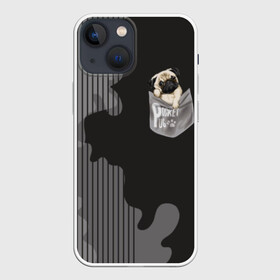 Чехол для iPhone 13 mini с принтом Мопс в кармане в Новосибирске,  |  | animal | breed | dog | funny | illustration | imprint | paw | pocket | pug | puppy | sits | small | trace | животное | иллюстрация | карман | лапа | маленький | мопс | отпечаток | порода | сидит | след | смешная | собака | щенок