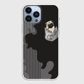 Чехол для iPhone 13 Pro Max с принтом Мопс в кармане в Новосибирске,  |  | animal | breed | dog | funny | illustration | imprint | paw | pocket | pug | puppy | sits | small | trace | животное | иллюстрация | карман | лапа | маленький | мопс | отпечаток | порода | сидит | след | смешная | собака | щенок