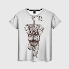 Женская футболка 3D с принтом Yoga time в Новосибирске, 100% полиэфир ( синтетическое хлопкоподобное полотно) | прямой крой, круглый вырез горловины, длина до линии бедер | animal | culture | elephant | graphics | india | indian | meditation | posture | stand | yoga | графика | животное | индийский | индия | йога | культура | медитация | слон | стойка