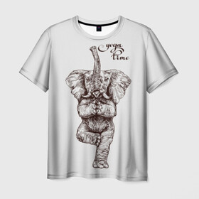 Мужская футболка 3D с принтом Yoga time в Новосибирске, 100% полиэфир | прямой крой, круглый вырез горловины, длина до линии бедер | animal | culture | elephant | graphics | india | indian | meditation | posture | stand | yoga | графика | животное | индийский | индия | йога | культура | медитация | слон | стойка