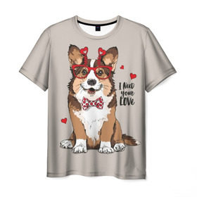 Мужская футболка 3D с принтом I need your love в Новосибирске, 100% полиэфир | прямой крой, круглый вырез горловины, длина до линии бедер | animal | bow tie | breed | corgi | cute | dog | funny | hearts | holiday | pembroke | polka dot | red | saint | valentine | валентина | вельш корги | галстук бабочка | горошек | день | животное | красный | любовь | милая | очки | пемброк | пород