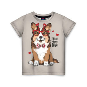 Детская футболка 3D с принтом I need your love в Новосибирске, 100% гипоаллергенный полиэфир | прямой крой, круглый вырез горловины, длина до линии бедер, чуть спущенное плечо, ткань немного тянется | animal | bow tie | breed | corgi | cute | dog | funny | hearts | holiday | pembroke | polka dot | red | saint | valentine | валентина | вельш корги | галстук бабочка | горошек | день | животное | красный | любовь | милая | очки | пемброк | пород