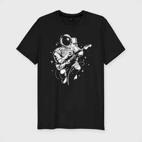 Мужская футболка премиум с принтом Cosmorock в Новосибирске, 92% хлопок, 8% лайкра | приталенный силуэт, круглый вырез ворота, длина до линии бедра, короткий рукав | cosmonaut | cosmos | guitar | music | rock | space | spacesuit | star | гитара | звезда | космонавт | космос | музыка | скафандр