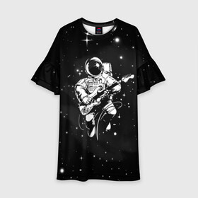Детское платье 3D с принтом Cosmorock в Новосибирске, 100% полиэстер | прямой силуэт, чуть расширенный к низу. Круглая горловина, на рукавах — воланы | Тематика изображения на принте: cosmonaut | cosmos | guitar | music | rock | space | spacesuit | star | гитара | звезда | космонавт | космос | музыка | скафандр