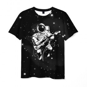 Мужская футболка 3D с принтом Cosmorock в Новосибирске, 100% полиэфир | прямой крой, круглый вырез горловины, длина до линии бедер | Тематика изображения на принте: cosmonaut | cosmos | guitar | music | rock | space | spacesuit | star | гитара | звезда | космонавт | космос | музыка | скафандр