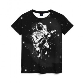 Женская футболка 3D с принтом Cosmorock в Новосибирске, 100% полиэфир ( синтетическое хлопкоподобное полотно) | прямой крой, круглый вырез горловины, длина до линии бедер | cosmonaut | cosmos | guitar | music | rock | space | spacesuit | star | гитара | звезда | космонавт | космос | музыка | скафандр