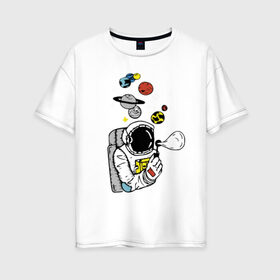 Женская футболка хлопок Oversize с принтом Cosmos в Новосибирске, 100% хлопок | свободный крой, круглый ворот, спущенный рукав, длина до линии бедер
 | bubble | cosmonaut | cosmos | planets | saturn | space | spacesuit | stars | звезды | космонавт | космос | мыльный пузырь | планеты | сатурн | скафандр
