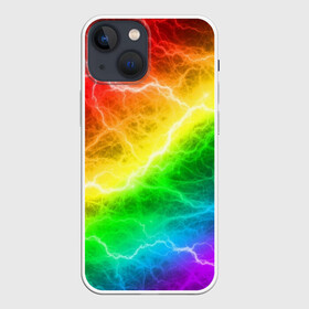 Чехол для iPhone 13 mini с принтом RAINBOW THUNDER | РАДУЖНЫЕ МОЛНИИ в Новосибирске,  |  | Тематика изображения на принте: battle | battle fire | battle thunder | blue | fire | rainbow | red | texture | thunder | битва | битва молний | битва огней | гроза | молнии | радуга | текстура