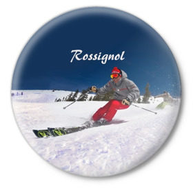 Значок с принтом Rossignol в Новосибирске,  металл | круглая форма, металлическая застежка в виде булавки | france | movement | rossignol | snow | speed | вершина | горные лыжи | горы | движение | скорость | снег | франция