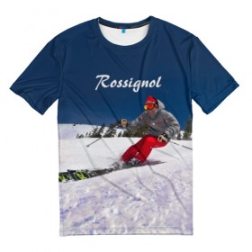 Мужская футболка 3D с принтом Rossignol в Новосибирске, 100% полиэфир | прямой крой, круглый вырез горловины, длина до линии бедер | france | movement | rossignol | snow | speed | вершина | горные лыжи | горы | движение | скорость | снег | франция