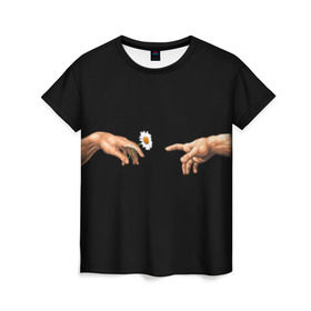 Женская футболка 3D с принтом Сотворение Адама в Новосибирске, 100% полиэфир ( синтетическое хлопкоподобное полотно) | прямой крой, круглый вырез горловины, длина до линии бедер | палец к пальцу | ромашка | рука к руке | цветы