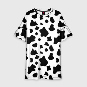 Детское платье 3D с принтом Корова в Новосибирске, 100% полиэстер | прямой силуэт, чуть расширенный к низу. Круглая горловина, на рукавах — воланы | Тематика изображения на принте: animal | black white | cow | pattern | животное | кавай | корова | паттерн | пятна | черно белое