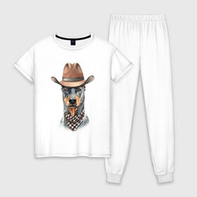 Женская пижама хлопок с принтом Доберман в Новосибирске, 100% хлопок | брюки и футболка прямого кроя, без карманов, на брюках мягкая резинка на поясе и по низу штанин | Тематика изображения на принте: dobermann | dog | доберман | собака | собаки