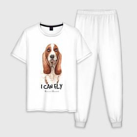 Мужская пижама хлопок с принтом Бассет-хаунд в Новосибирске, 100% хлопок | брюки и футболка прямого кроя, без карманов, на брюках мягкая резинка на поясе и по низу штанин
 | Тематика изображения на принте: dog | бассет | бассет хаунд | собака | собаки | хаунд