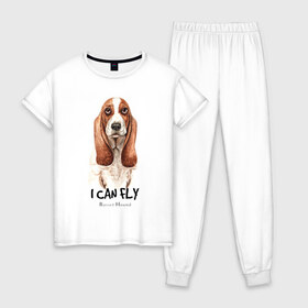 Женская пижама хлопок с принтом Бассет-хаунд в Новосибирске, 100% хлопок | брюки и футболка прямого кроя, без карманов, на брюках мягкая резинка на поясе и по низу штанин | dog | бассет | бассет хаунд | собака | собаки | хаунд