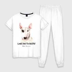 Женская пижама хлопок с принтом Бультерьер в Новосибирске, 100% хлопок | брюки и футболка прямого кроя, без карманов, на брюках мягкая резинка на поясе и по низу штанин | bull terrier | dog | бультерьер | надпись надписи | собака | собаки