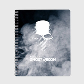 Тетрадь с принтом GHOST RECON в Новосибирске, 100% бумага | 48 листов, плотность листов — 60 г/м2, плотность картонной обложки — 250 г/м2. Листы скреплены сбоку удобной пружинной спиралью. Уголки страниц и обложки скругленные. Цвет линий — светло-серый
 | Тематика изображения на принте: bones | breakpoint | ghost | ghost recon | ghost recon breakpoint | logo | mask | skell technology | skull | tom clancys | tom clancys ghost recon breakpoint | wildlands | лого | маска | призрак | череп