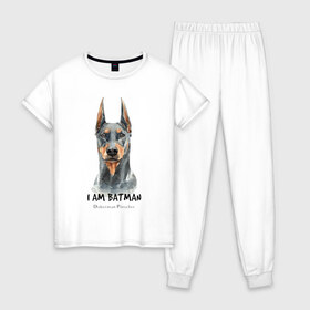 Женская пижама хлопок с принтом Доберман в Новосибирске, 100% хлопок | брюки и футболка прямого кроя, без карманов, на брюках мягкая резинка на поясе и по низу штанин | Тематика изображения на принте: doberman | доберман | пинчер | собака | собаки