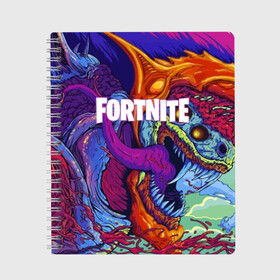 Тетрадь с принтом FORTNITE HYPERBEAST в Новосибирске, 100% бумага | 48 листов, плотность листов — 60 г/м2, плотность картонной обложки — 250 г/м2. Листы скреплены сбоку удобной пружинной спиралью. Уголки страниц и обложки скругленные. Цвет линий — светло-серый
 | 2019 | armor | armour | cybersport | esport | fortnite | game | hyperbeast | logo | monster | season 9 | skin | броня | игра | киберспорт | сезон 9 | фиолетовый | фортнайт