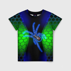 Детская футболка 3D с принтом Паук на ночной охоте в Новосибирске, 100% гипоаллергенный полиэфир | прямой крой, круглый вырез горловины, длина до линии бедер, чуть спущенное плечо, ткань немного тянется | Тематика изображения на принте: зеленая броня | зеленый неон | классный дизайн | ночь | паук | паук дизайн | паук на охоте | паук охотник | пчелиные | соты | темная футболка | футболка с пауком | черные соты