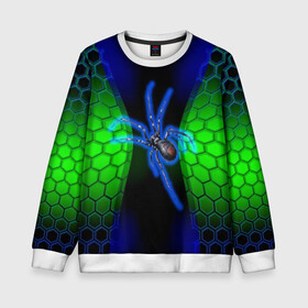 Детский свитшот 3D с принтом Паук на ночной охоте в Новосибирске, 100% полиэстер | свободная посадка, прямой крой, мягкая тканевая резинка на рукавах и понизу свитшота | зеленая броня | зеленый неон | классный дизайн | ночь | паук | паук дизайн | паук на охоте | паук охотник | пчелиные | соты | темная футболка | футболка с пауком | черные соты