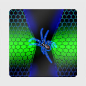 Магнит виниловый Квадрат с принтом Паук на ночной охоте в Новосибирске, полимерный материал с магнитным слоем | размер 9*9 см, закругленные углы | Тематика изображения на принте: зеленая броня | зеленый неон | классный дизайн | ночь | паук | паук дизайн | паук на охоте | паук охотник | пчелиные | соты | темная футболка | футболка с пауком | черные соты